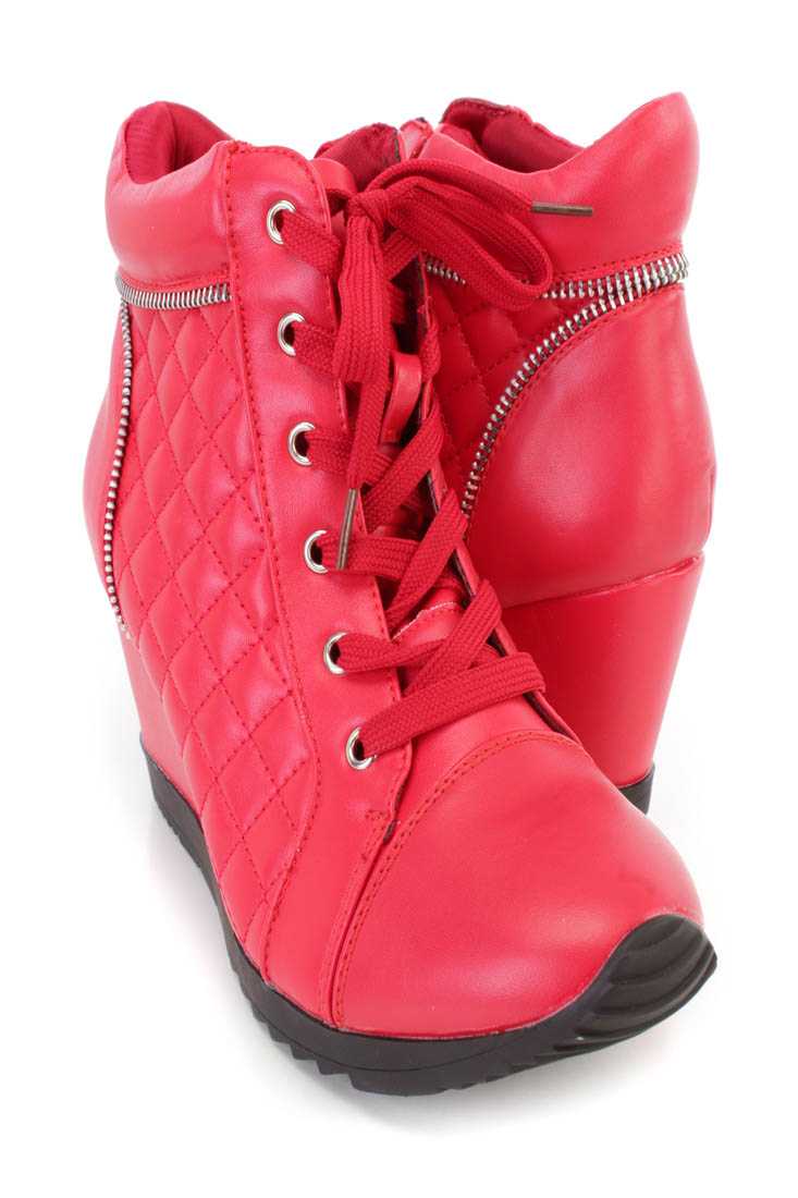 Red Quilted Lace Up Sneaker Wedges Faux Leather