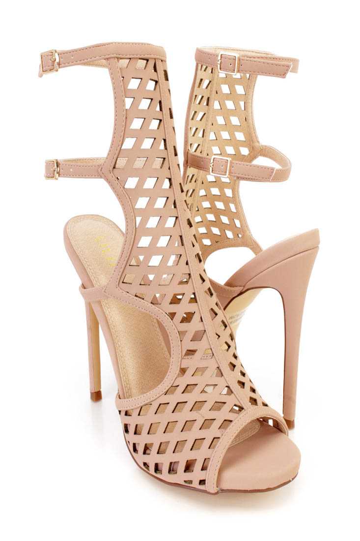 Nude Cut Out Strappy Single Sole High Heels Nubuck