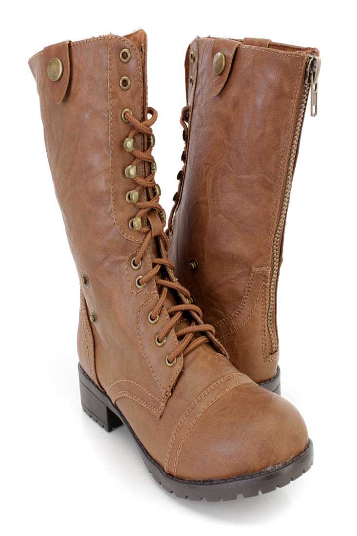 Chestnut Lace Up Combat Boots Faux Leather