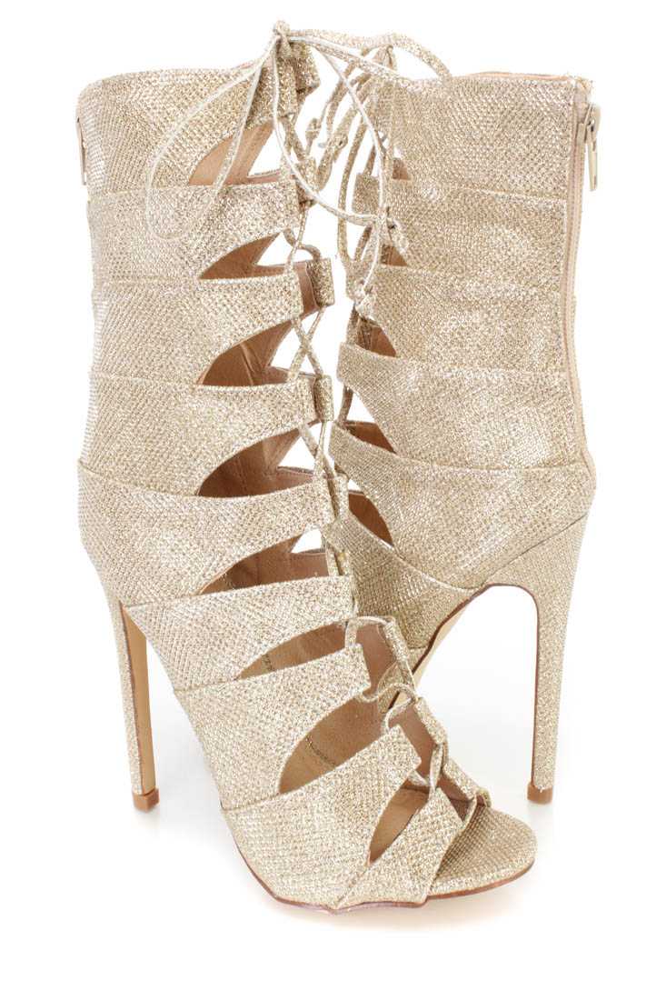 Gold Strappy Peep Toe Single Sole Booties Shimmer Fabric