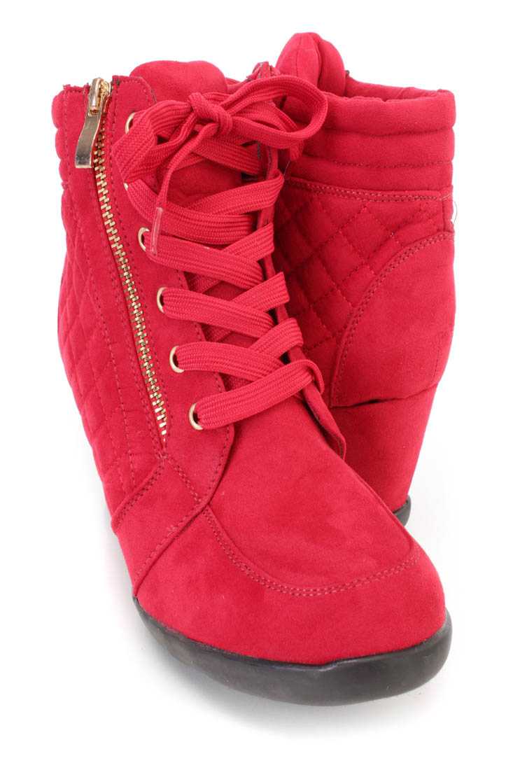 Red Quilted Lace Up Sneaker Wedges Faux Suede