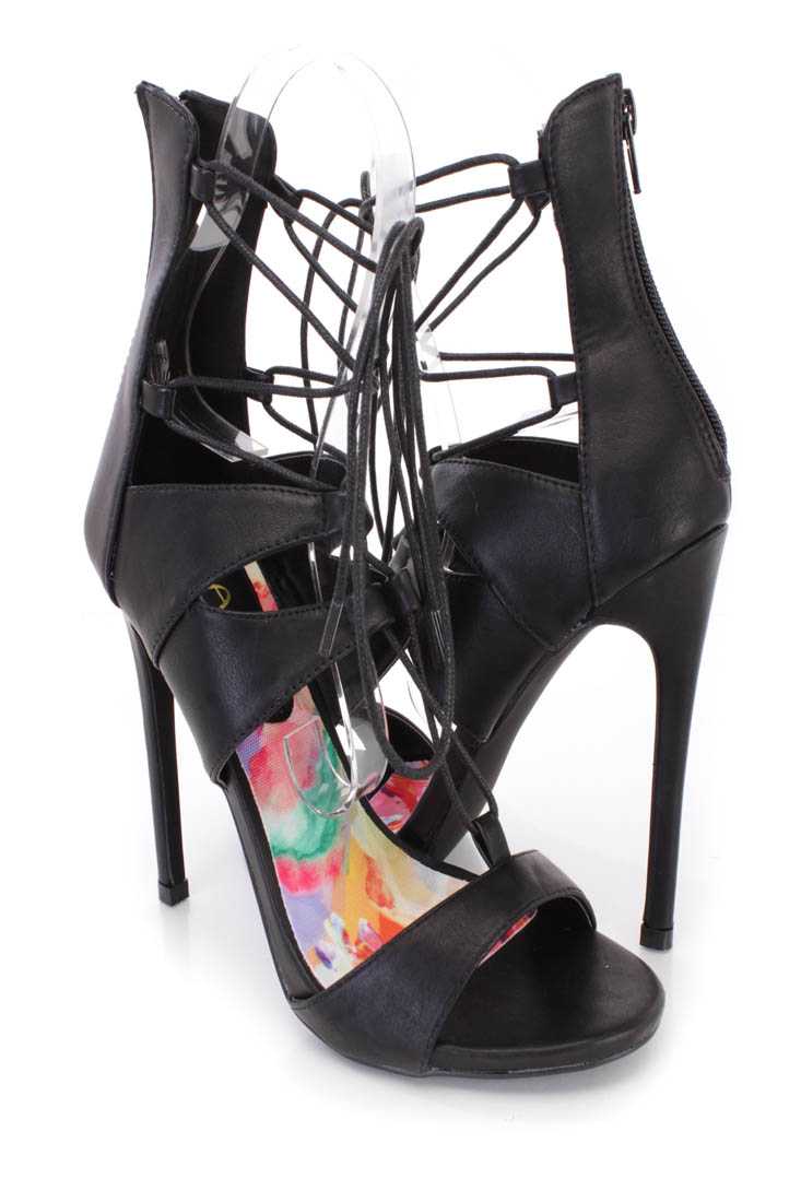 Black Lace Up Single Sole Heels Faux Leather