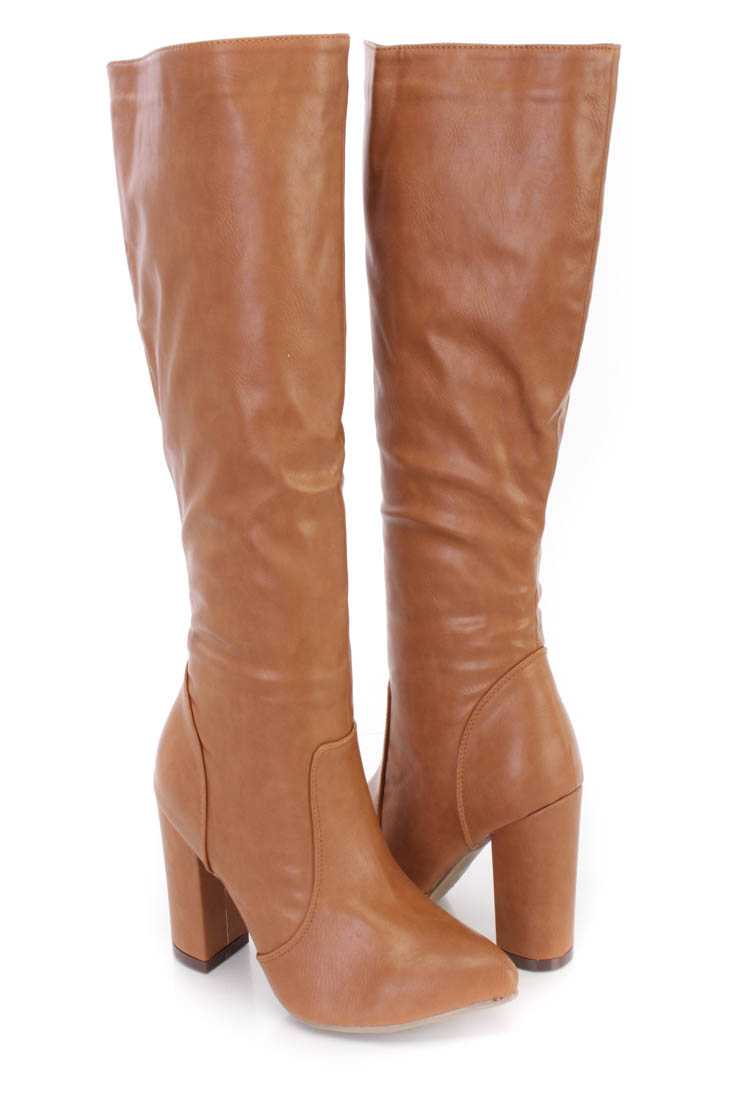 Cognac Chunky High Heel Boots Faux Leather