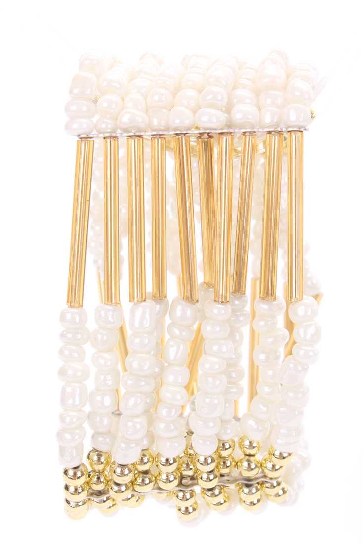 White Beaded High Polish Accent Elastic Boho Chic Bracelet