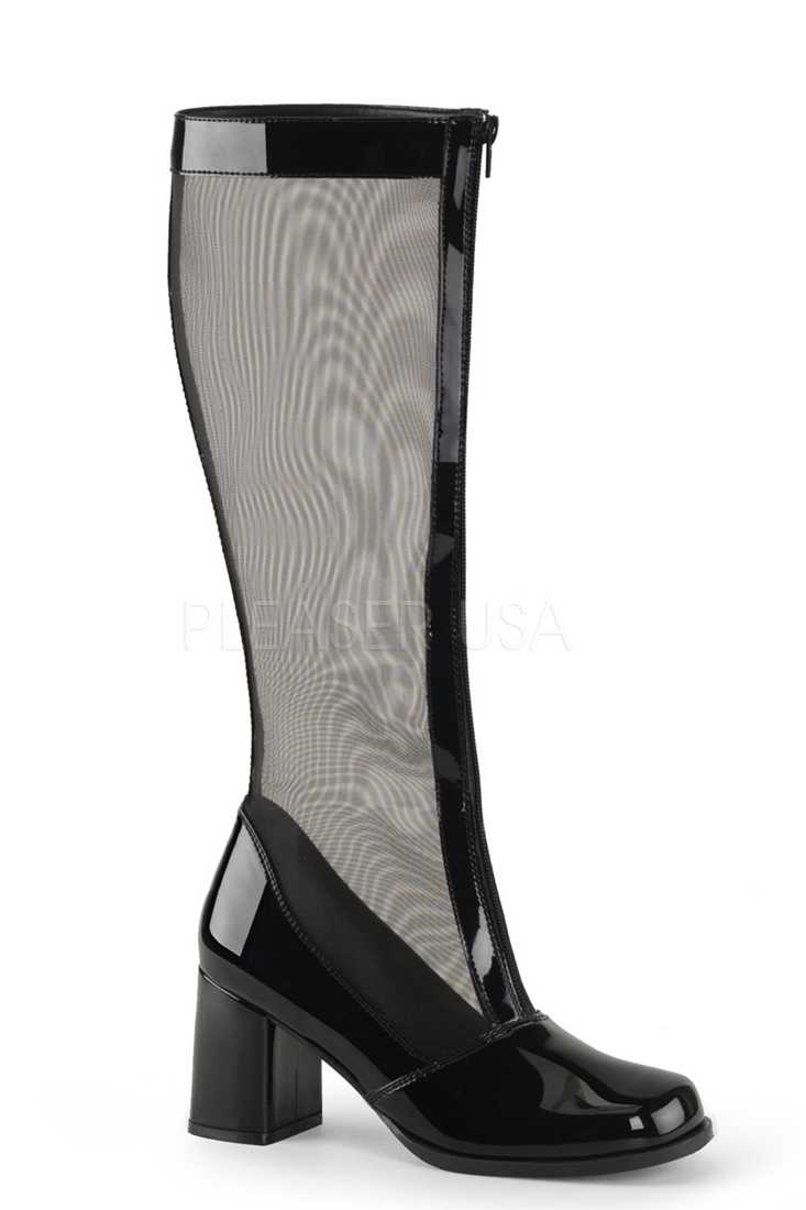 Black Mesh Front Zipper Shaft Block Heel Boots Patent