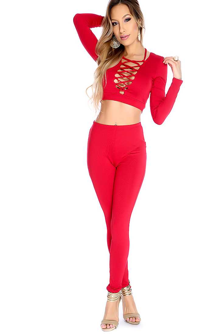 Sexy Wine Lace Up High Waist 2 Piece Outfit