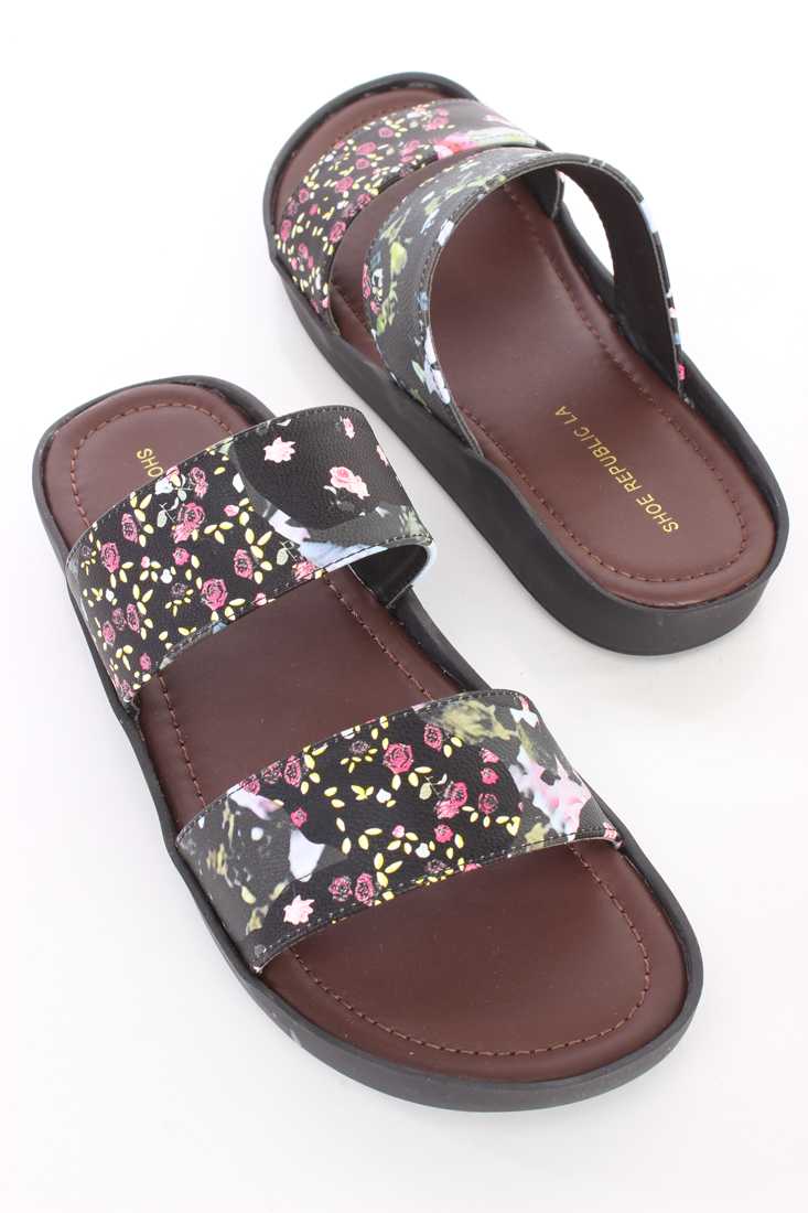 Floral Print Strappy Slip On Sandals Faux Leather