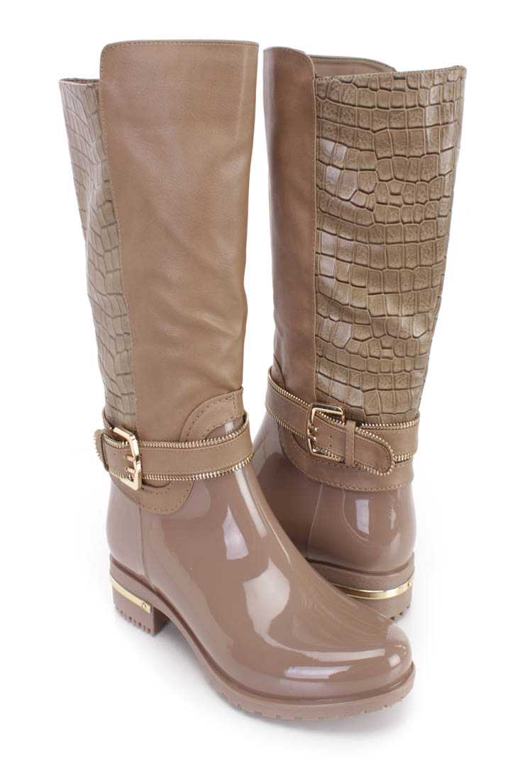 Taupe Croc Skin Textured Boots Rubber Faux Leather