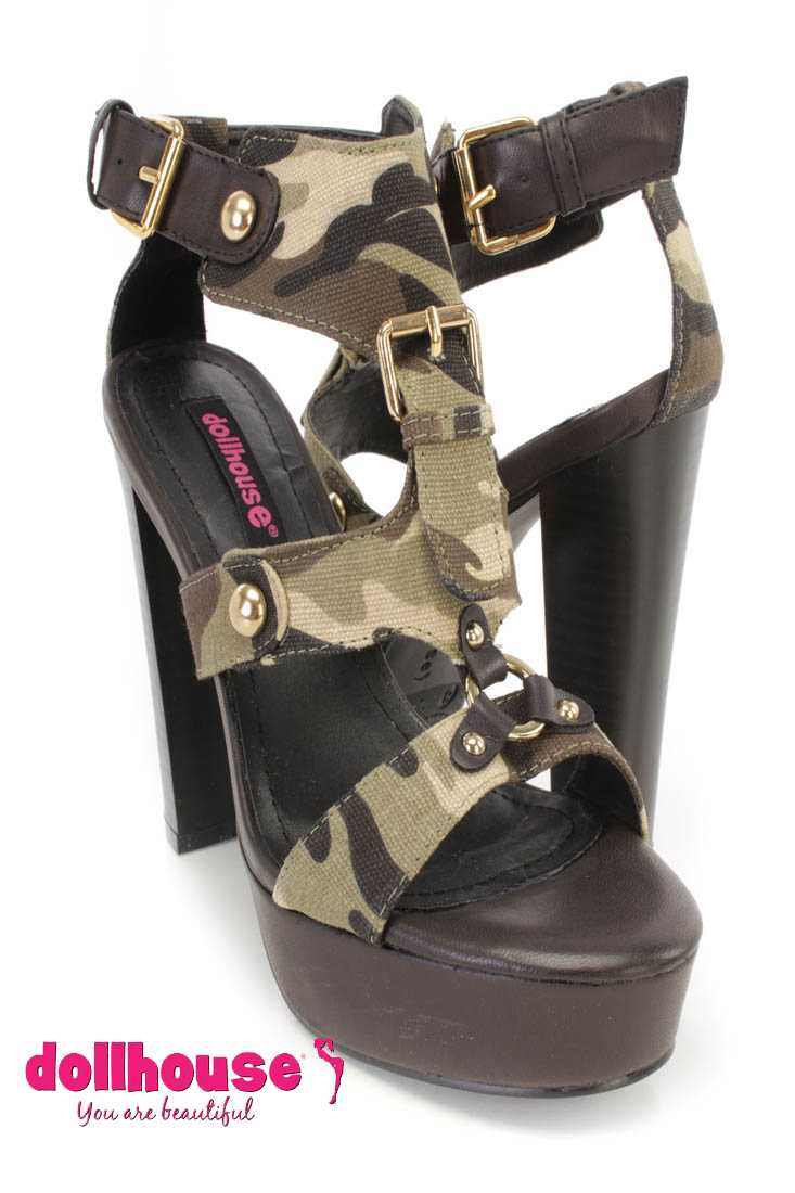 Camouflage Print O-ring Buckle Srappy Chunky Heels Canvas
