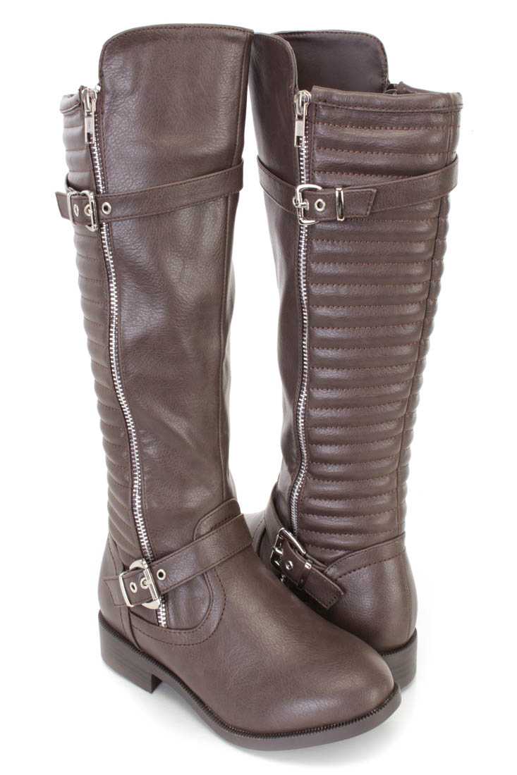 Dark Brown Stitched Riding Boots Faux Leather