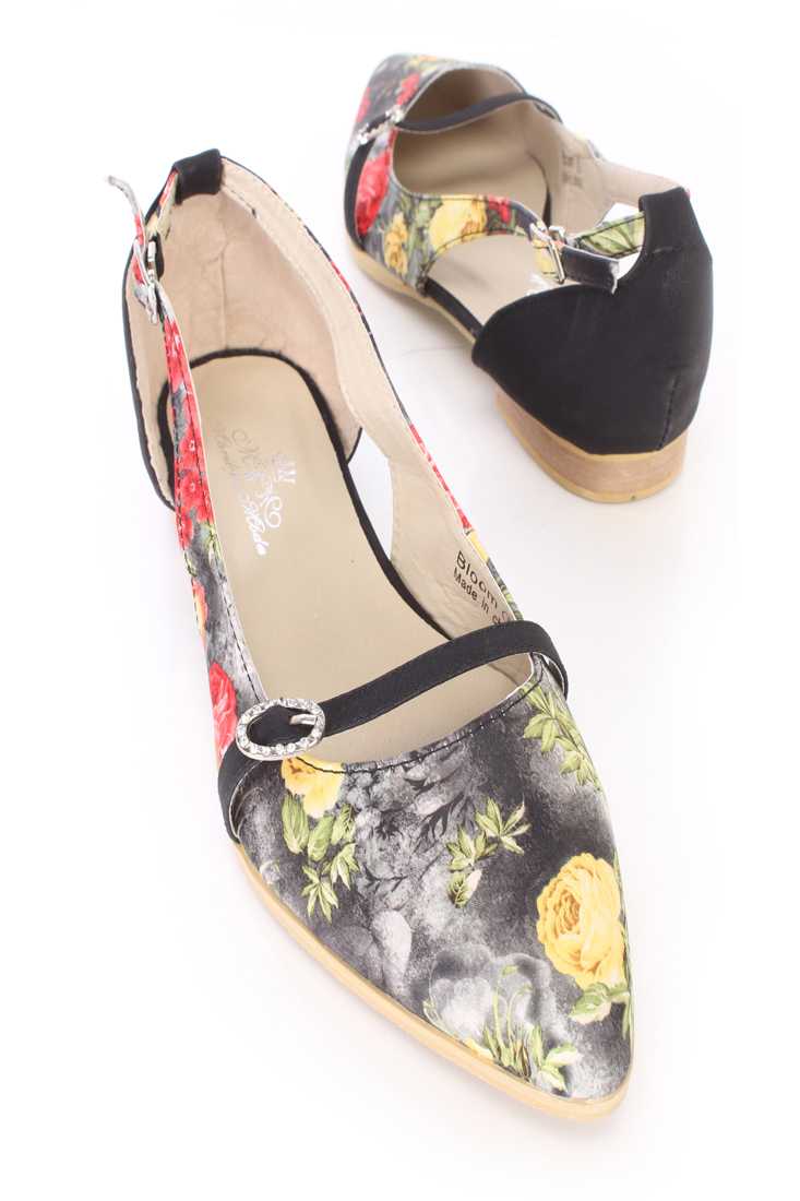 Black Floral Print Cut Out Flats Fabric