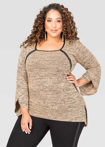 Marled Faux Leather Trim Sweater