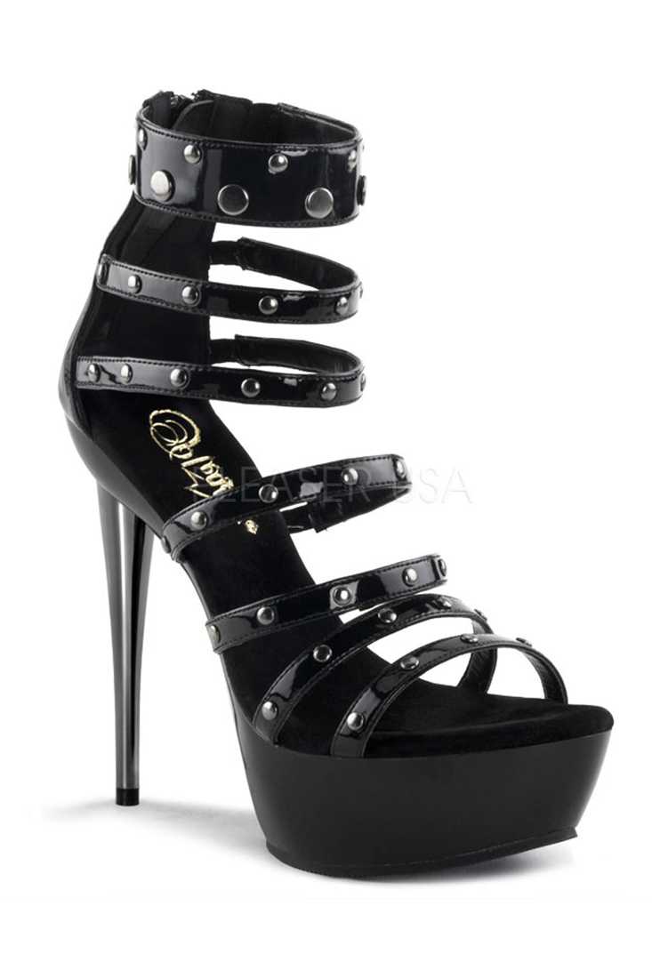 Black Studded Strappy Platform High Heels Patent