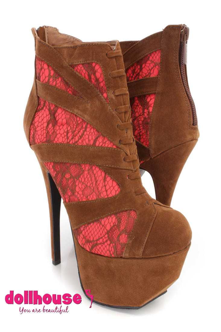 Chestnut Tanger Floral Lace Woven Ankle Booties Faux Suede