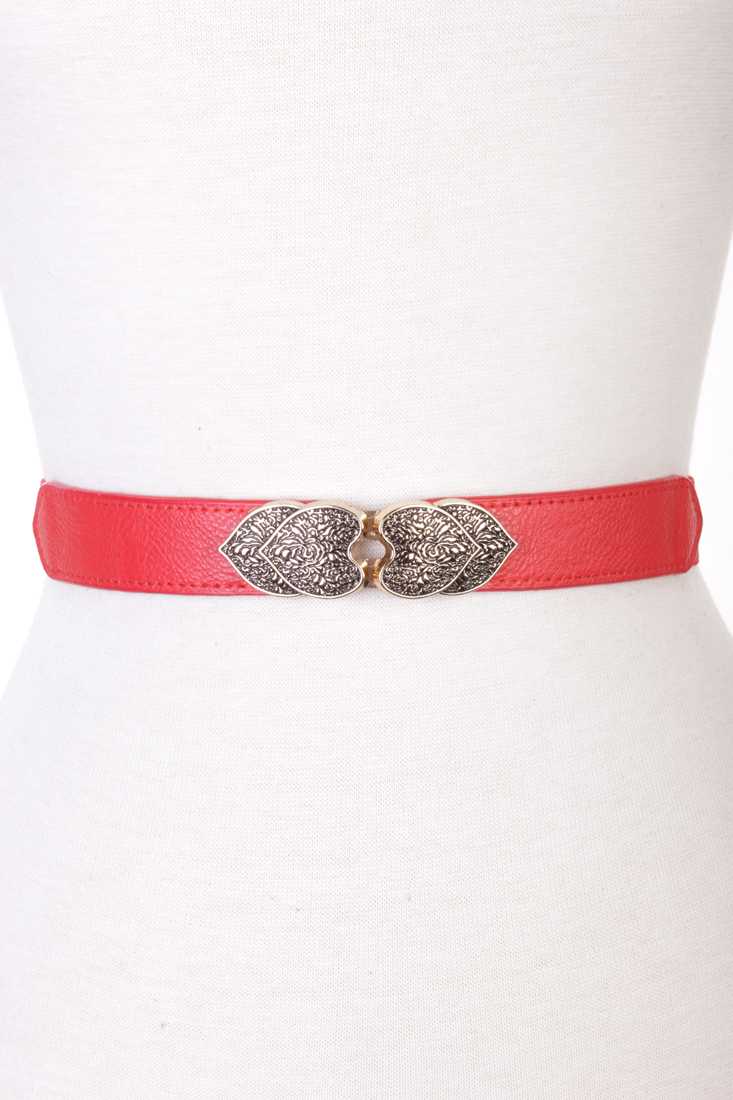 Red Faux Leather Heart Intricate Design Elastic-band Waist Belt