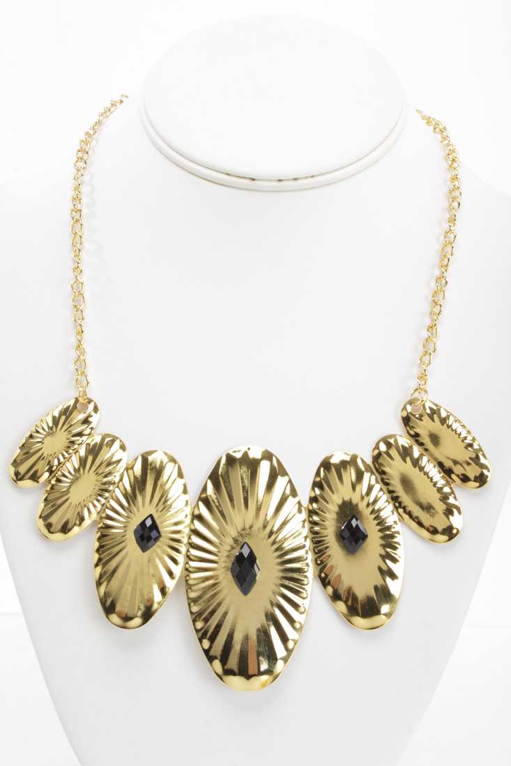 Black Gold Carved Oval Shape Rhinestone Necklace