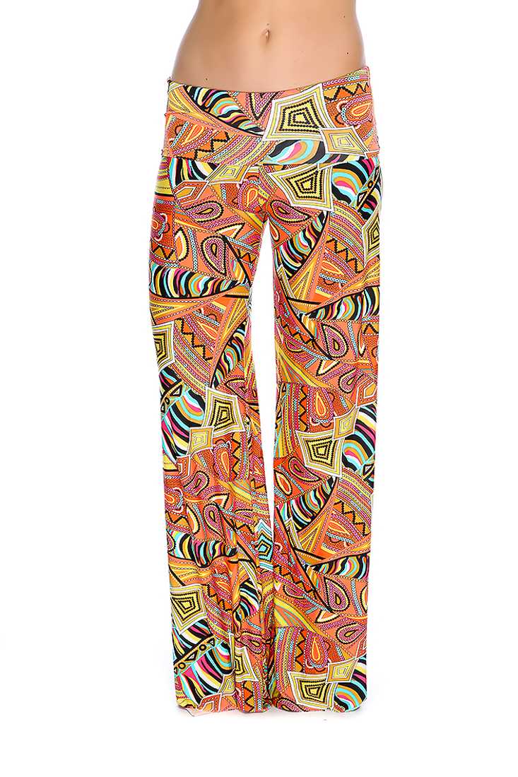 Salmon Yellow Geometric Print Wide Leg Cute Casual Pants