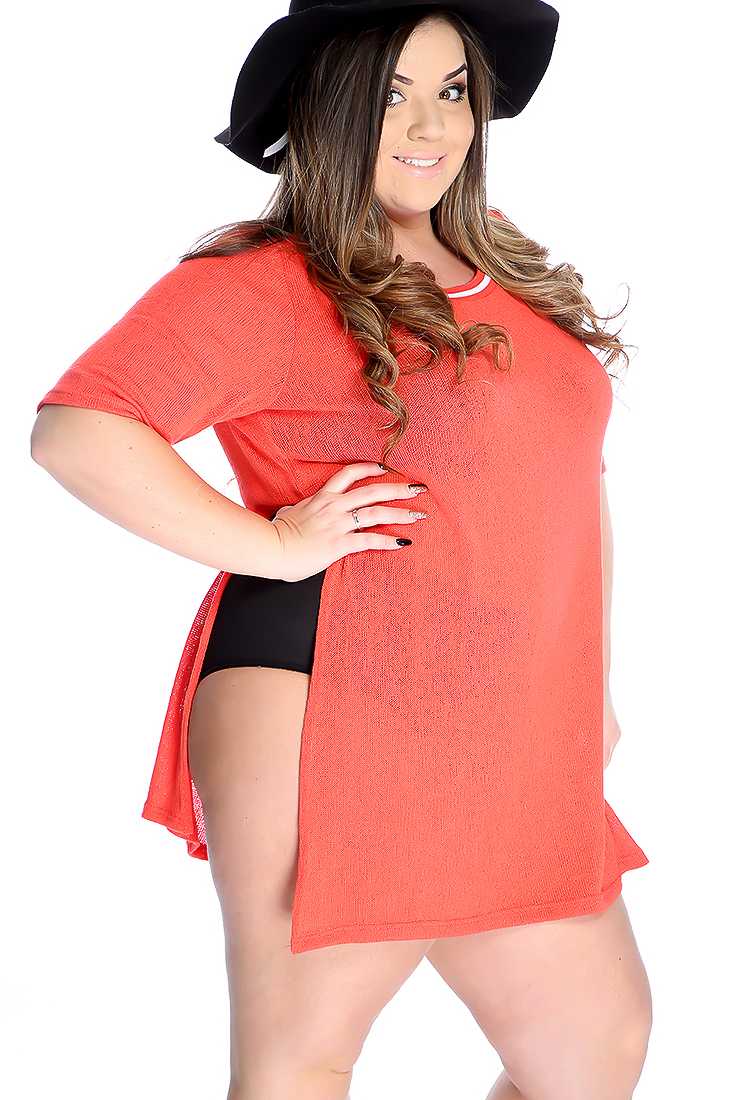 Black Open Knit Side Slit Casual Plus Size Top