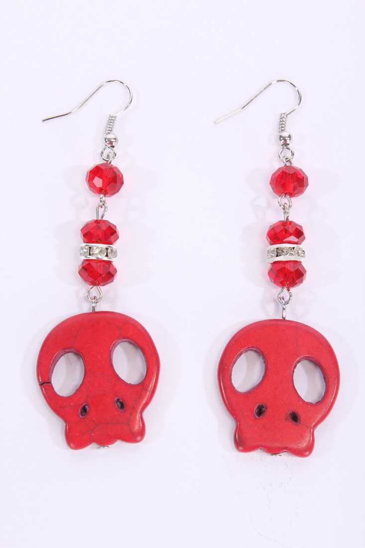 Red Faceted Beaded Skull Pendant Earrings