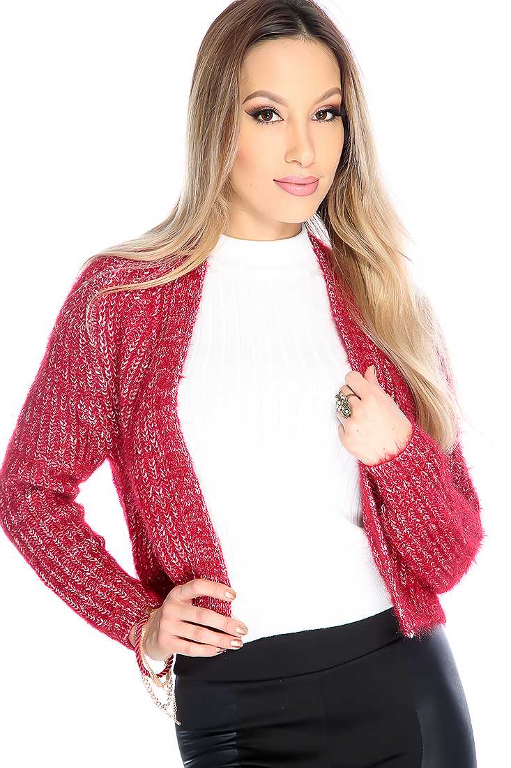 Stylish Burgundy Knitted Long Sleeve Open Front Sweater