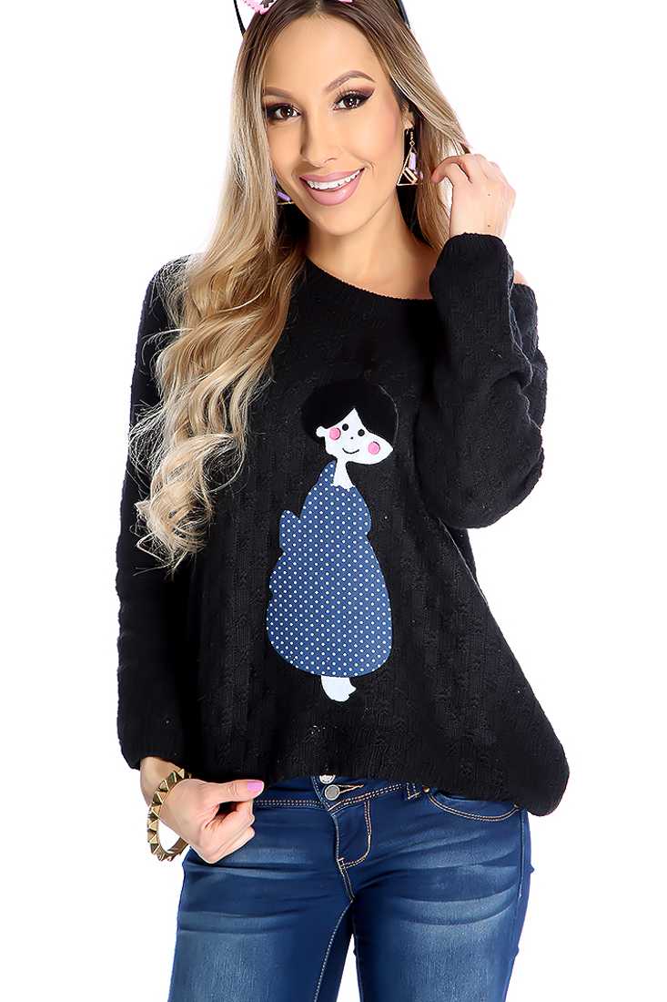Black Knitted Girl Patch Long Sleeve Sweater Top
