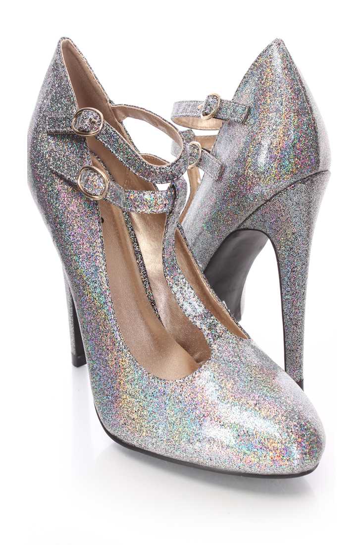 Black T Strappy Single Sole Holographic Heels Faux Leather