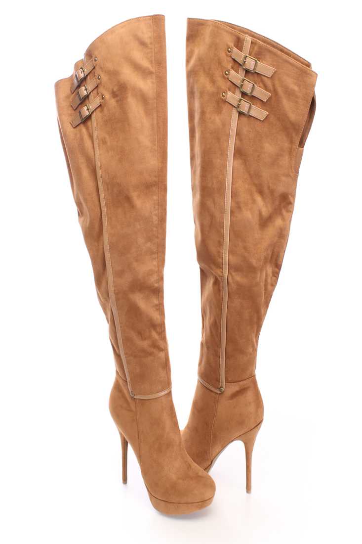 Chestnut Thigh High Strappy Heel Boots Faux Suede