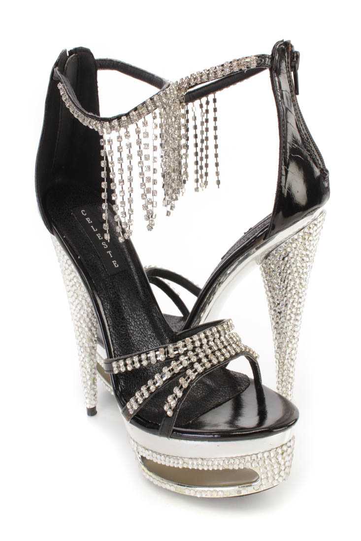 Black Fringe Rhinestone 6 Inch High Heels Faux Leather