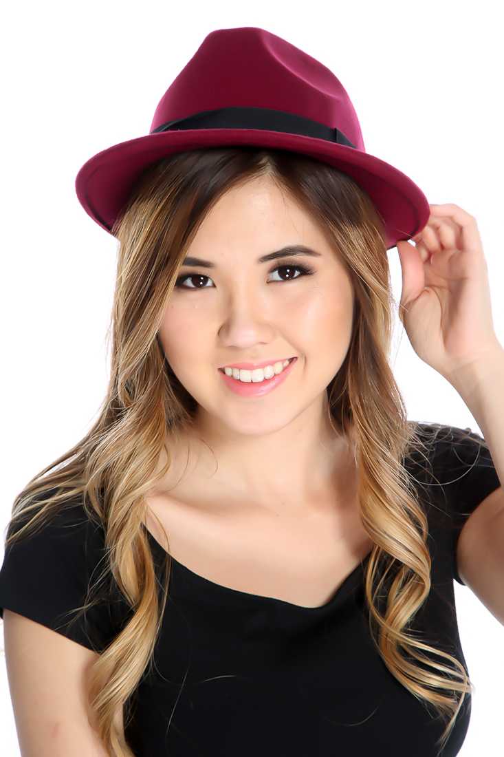 Wine Ribbon Trim Fedora Hat