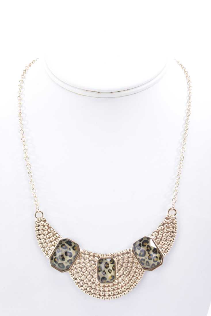 Beige Animal Print Gemstones Textured Necklace