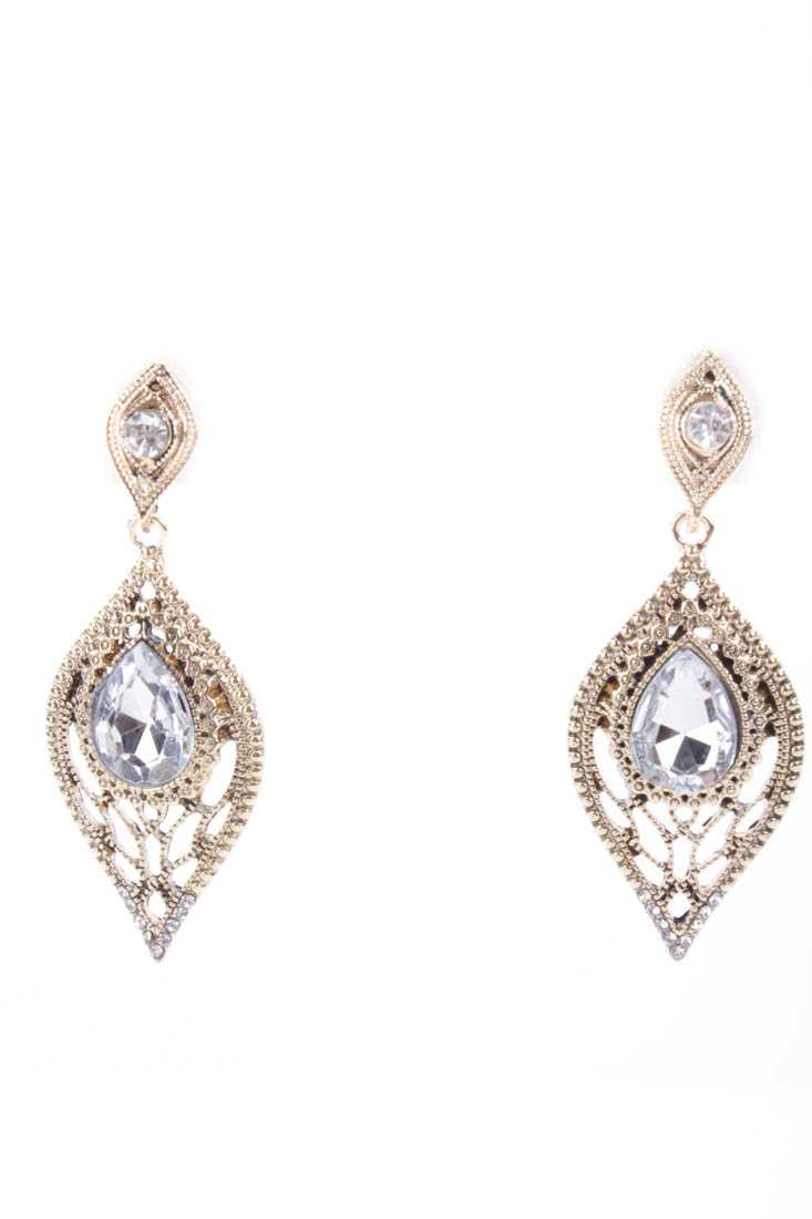 Clear Gold Intricate Design Faceted Beaded Tear Drop Earrings