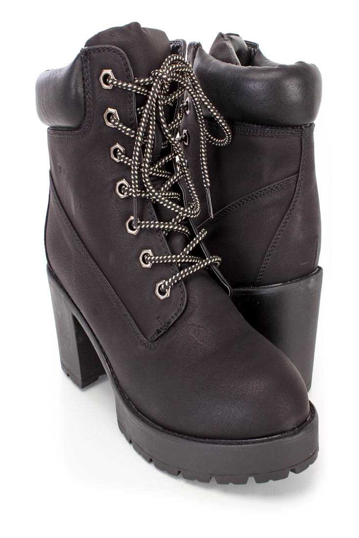 Black Lace Up Chunky Heel Ankle Booties Nubuck