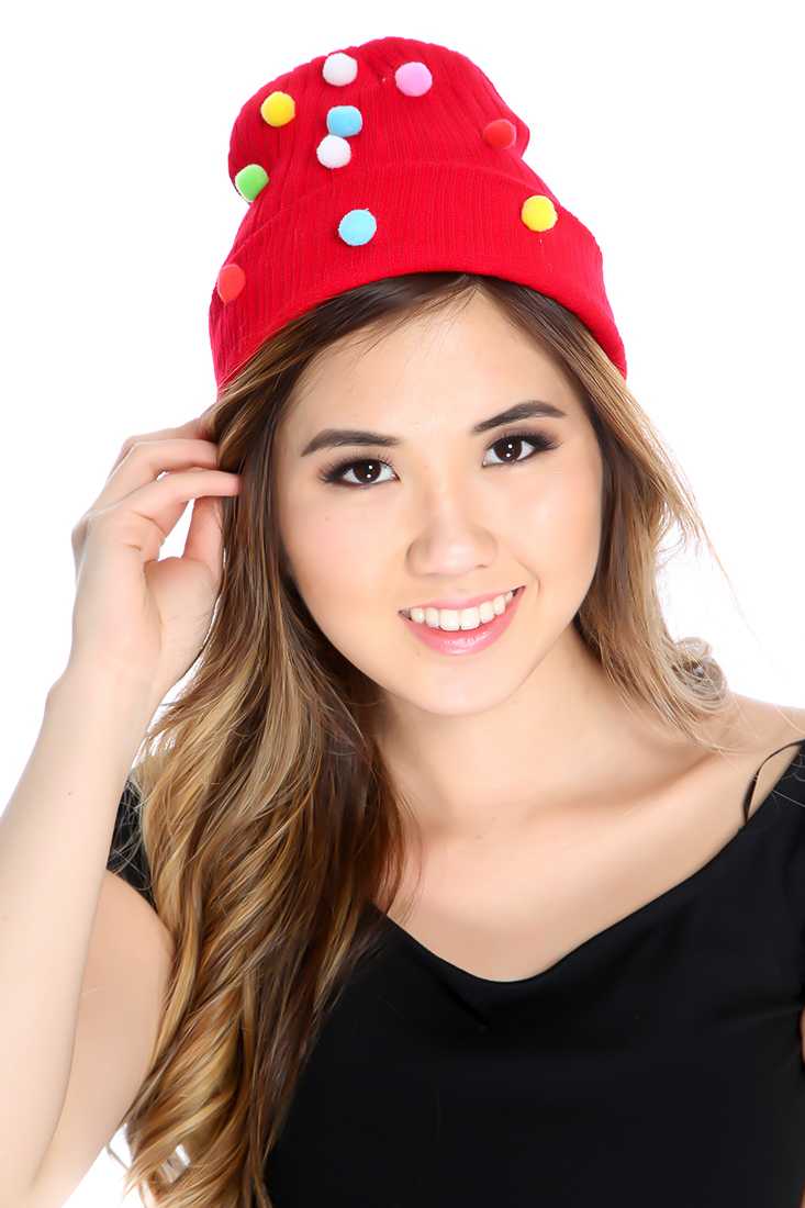 Red Attached Pom Pom Ribbed Beanie