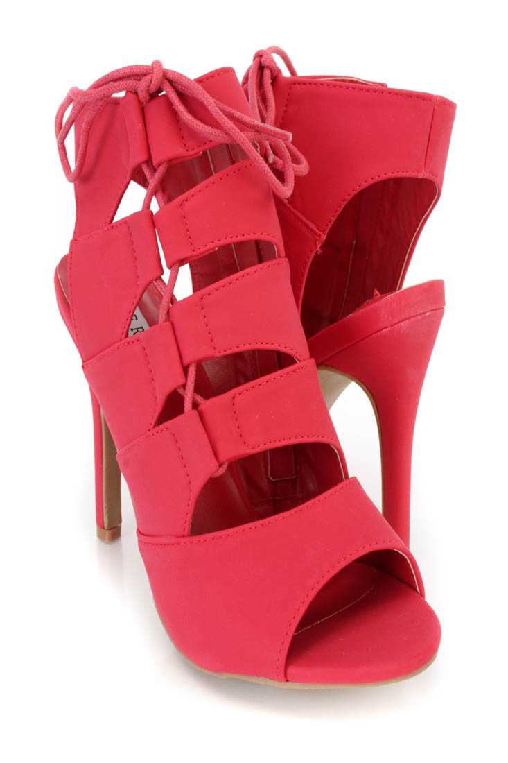 Red Strappy Lace Up Single Sole Heel Booties Nubuck