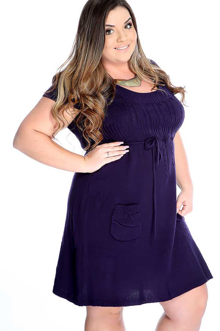 Stylish Plum Plus Size Quarter Sleeve Knitted Casual Dress