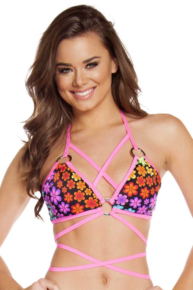 Floral Print Wrap Around O-ring Rave Top