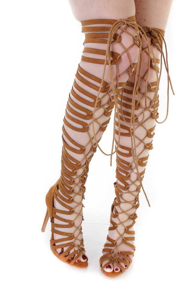Camel Thigh High Single Sole Gladiator Heels Faux Suede