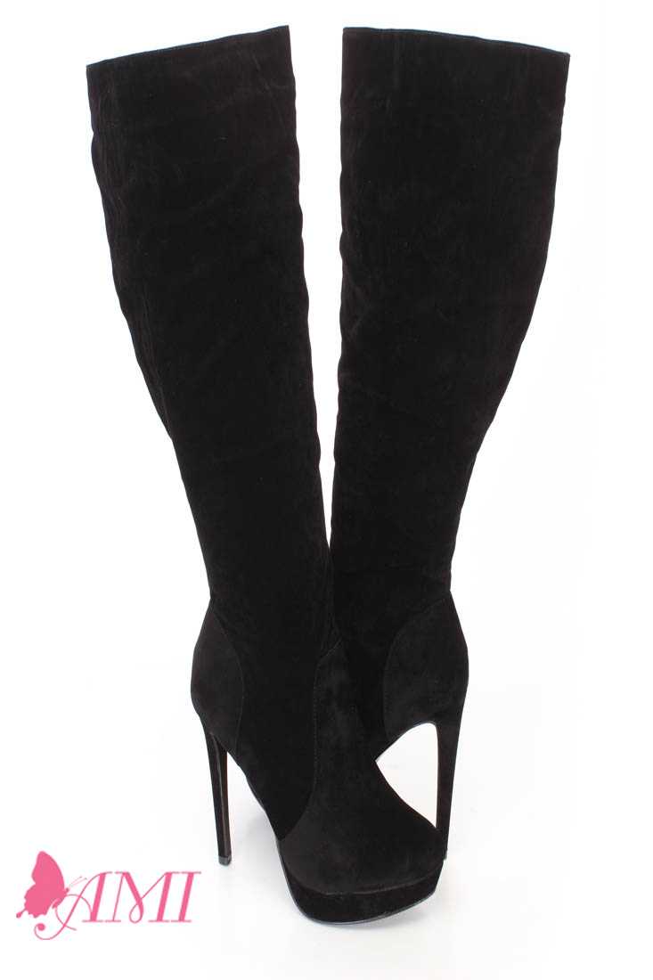 Black Platform High Heel Boots Faux Suede