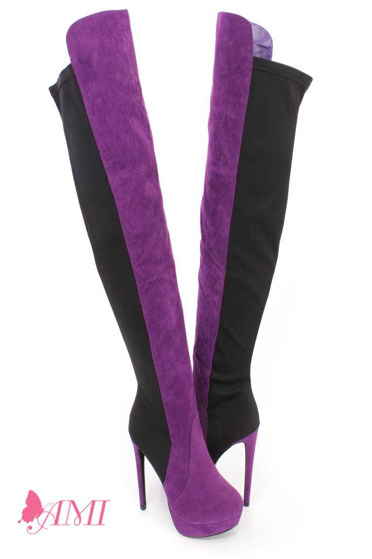 Purple Thigh High Platform High Heel Boots Faux Suede