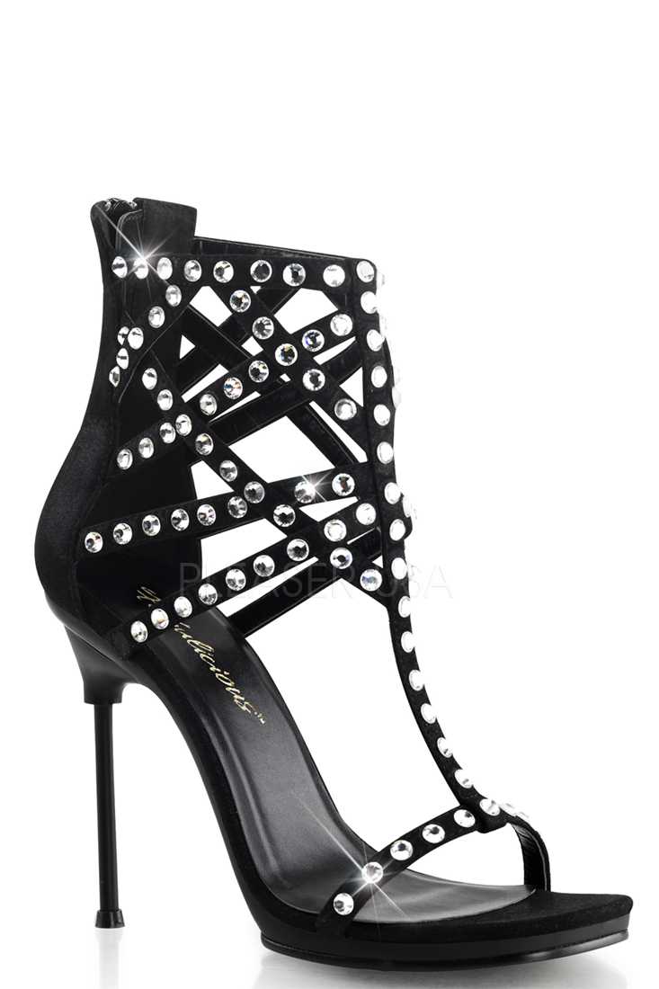 Black Suede Rhinestone Caged Sandal High Heels