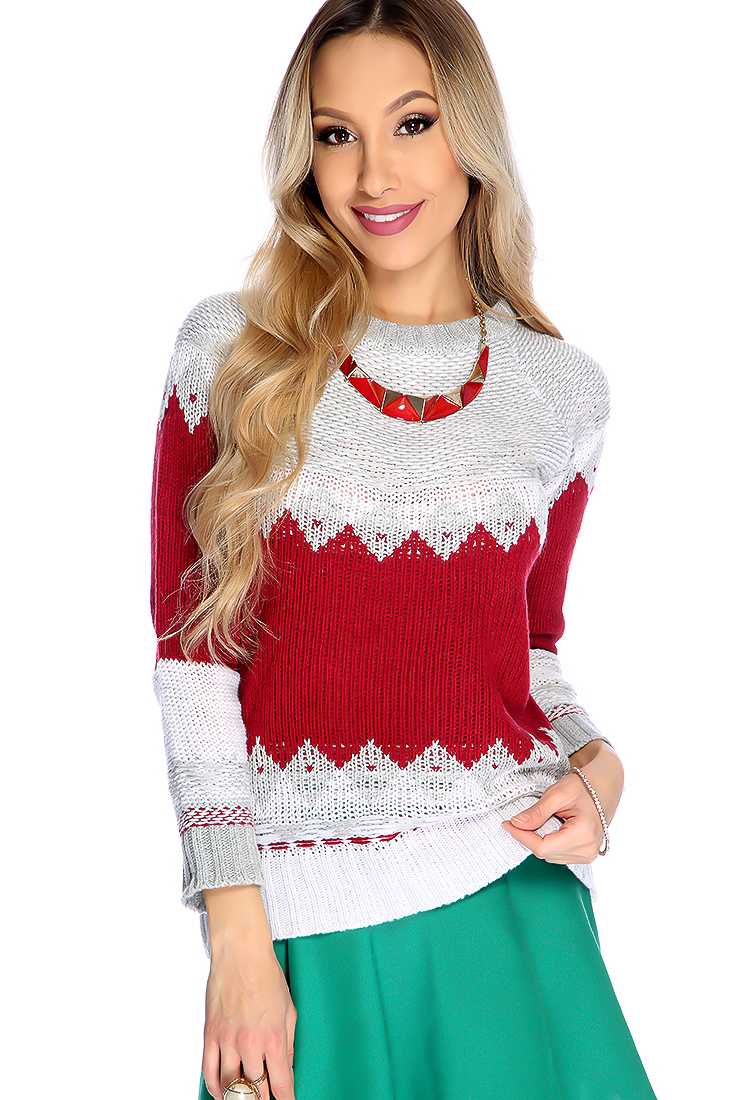 Wine Long Sleeve Two Tone Causal Sweater Top