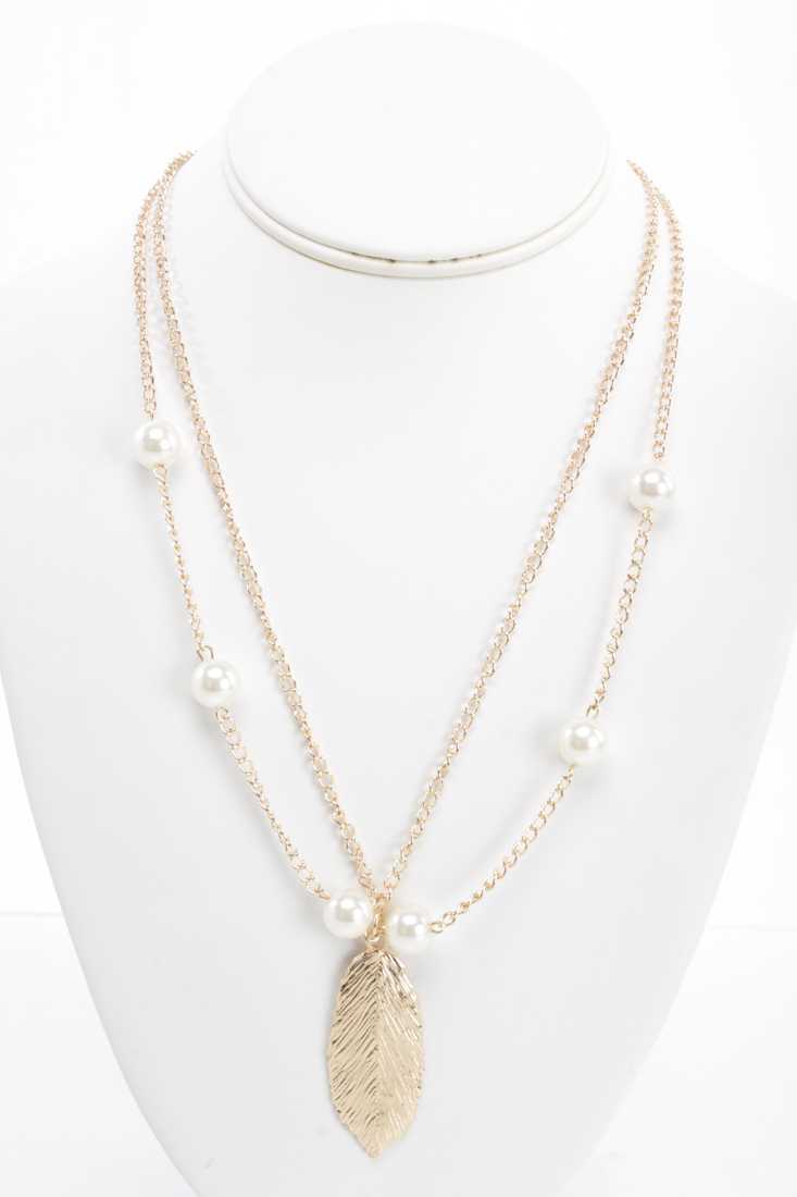 Gold Faux Pearl Leaf Accent Double Chain Necklace