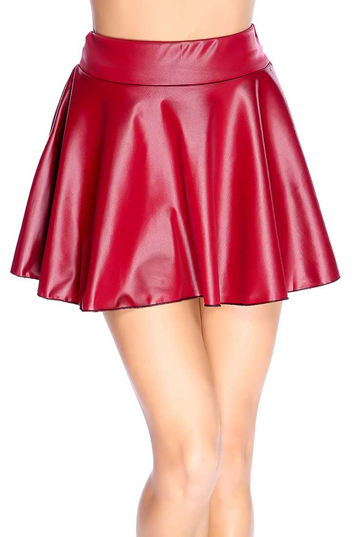 Wine Faux Leather Skater Skirt
