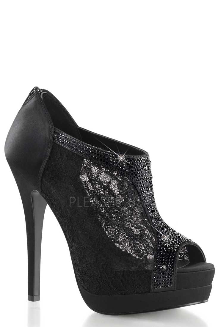 Black Rhinestone Peep Toe Bootes Satin Lace