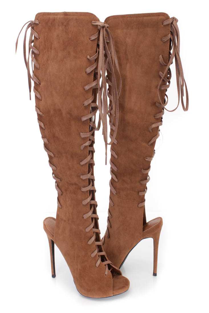 Cognac Lace Up Single Sole High Heel Boots Faux Suede
