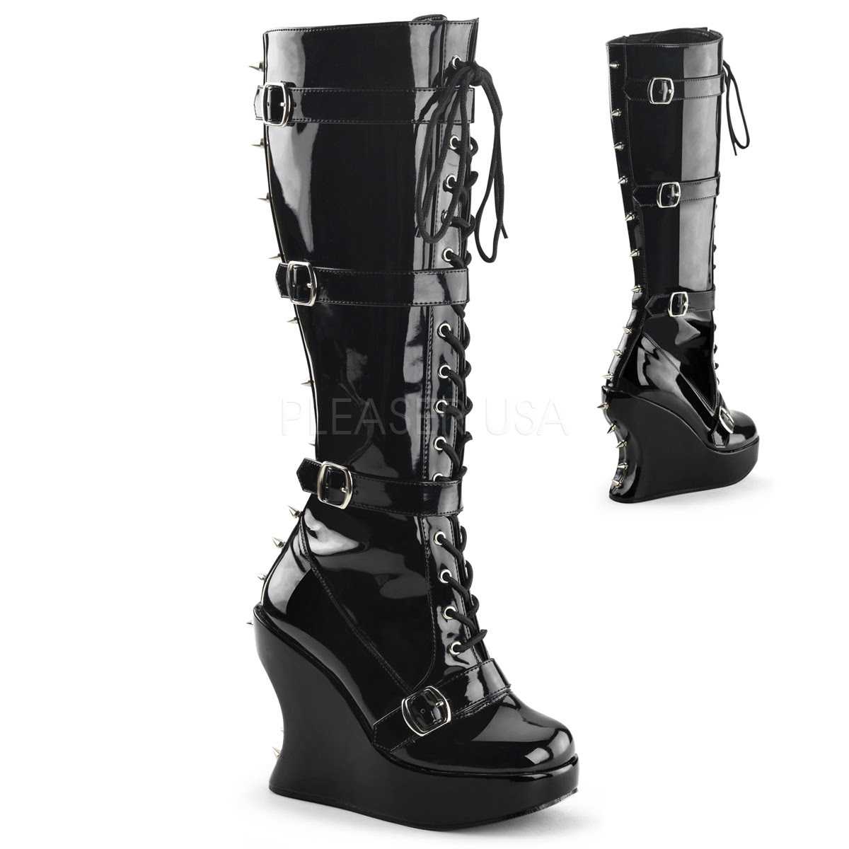 Black Spike Studded Knee High Boots Patent