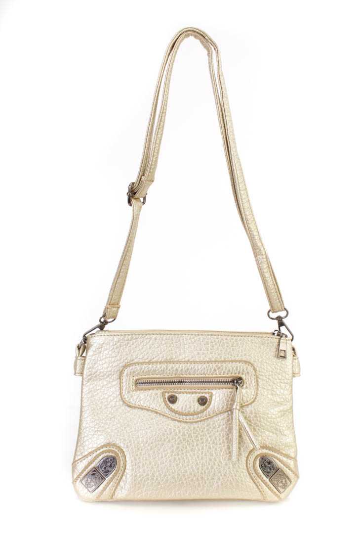 Gold Crinkled Faux Leather Double Zipper Handbag