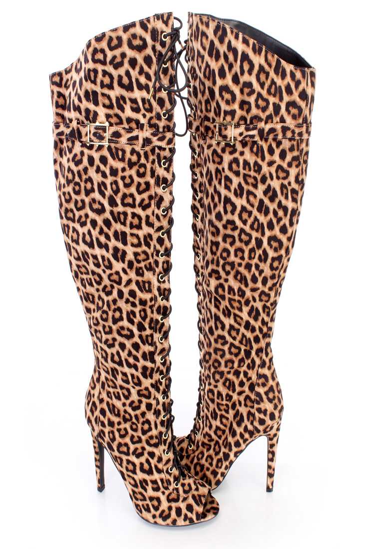 Camel Leopard Lace Up Peep Toe Single Sole Boots Faux Suede