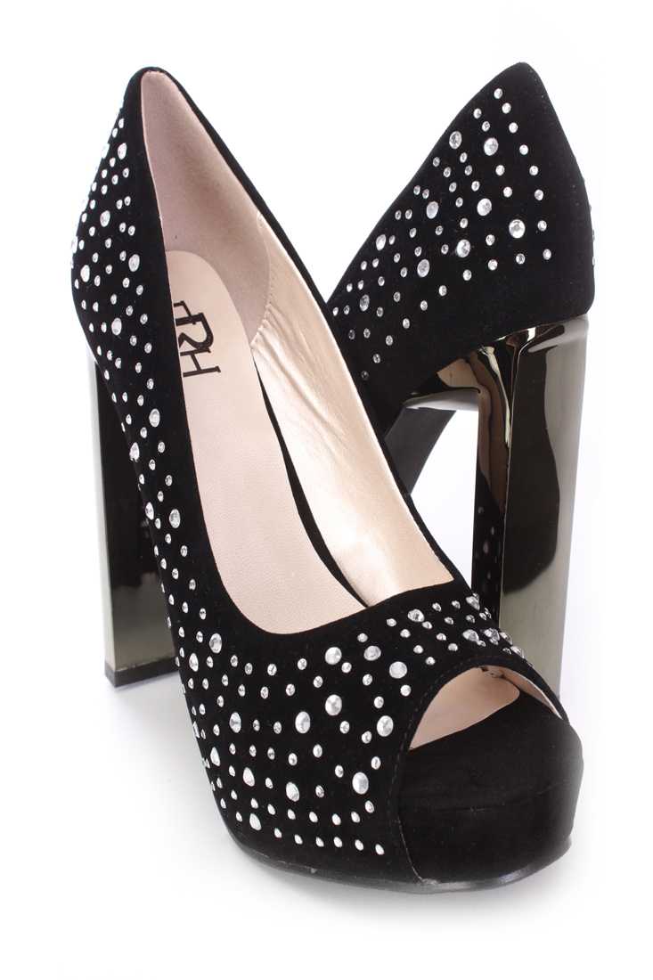 Black Faux Suede Rhinestone Studded Heels