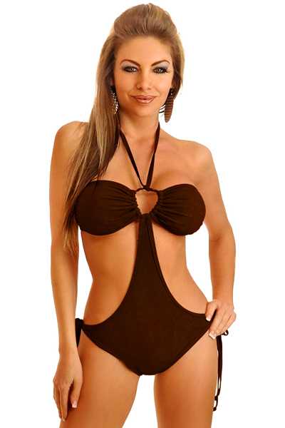 Brown Suede Pucker Back Monokini Swimsuit
